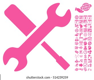 Tools pictograph with bonus calendar and time management icon set. Vector illustration style is flat iconic symbols, pink color, white background.
