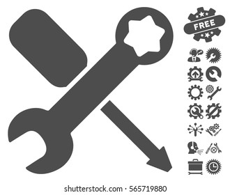 Tools pictograph with bonus configuration design elements. Vector illustration style is flat iconic gray symbols on white background.