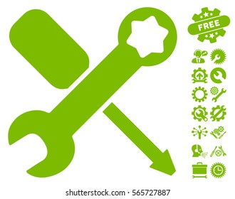 Tools pictograph with bonus configuration graphic icons. Vector illustration style is flat iconic eco green symbols on white background.