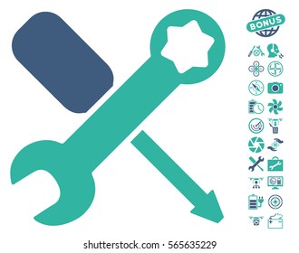 Tools pictograph with bonus copter service icon set. Vector illustration style is flat iconic cobalt and cyan symbols on white background.