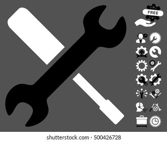 Tools pictograph with bonus options design elements. Vector illustration style is flat iconic symbols, black and white colors, gray background.