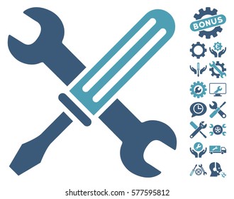 Tools pictograph with bonus options pictograms. Vector illustration style is flat iconic cyan and blue symbols on white background.