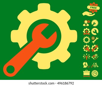 Tools pictograph with bonus tools pictogram. Vector illustration style is flat iconic bicolor symbols, orange and yellow colors, green background.
