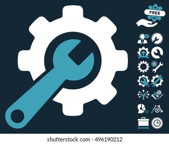 Tools pictograph with bonus tools pictogram. Vector illustration style is flat iconic bicolor symbols, blue and white colors, dark blue background.