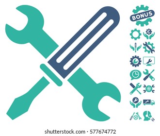 Tools pictograph with bonus tools pictograms. Vector illustration style is flat iconic cobalt and cyan symbols on white background.