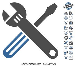 Tools pictograph with bonus quadrocopter service pictograph collection. Vector illustration style is flat iconic cobalt and gray symbols on white background.
