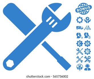 Tools pictograph with bonus service images. Vector illustration style is flat iconic cobalt symbols on white background.