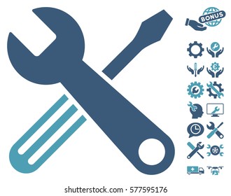 Tools pictograph with bonus settings pictograph collection. Vector illustration style is flat iconic cyan and blue symbols on white background.