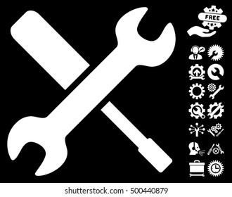 Tools pictograph with bonus settings design elements. Vector illustration style is flat iconic symbols, white color, black background.