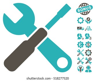 Tools pictograph with bonus settings design elements. Vector illustration style is flat iconic grey and cyan symbols on white background.