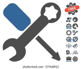 Tools pictograph with bonus setup tools pictograph collection. Vector illustration style is flat iconic cobalt and gray symbols on white background.