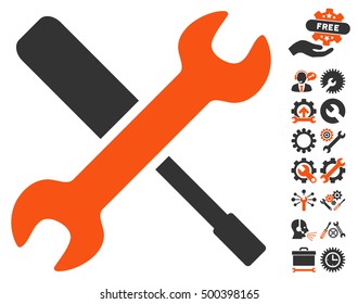 Tools pictograph with bonus setup tools graphic icons. Vector illustration style is flat iconic symbols, orange and gray colors, white background.