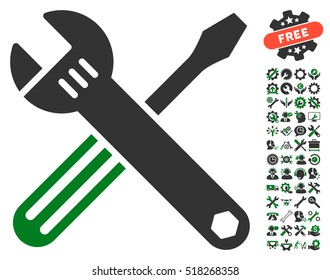 Tools pictograph with bonus setup tools icon set. Vector illustration style is flat iconic green and gray symbols on white background.