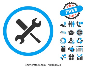Tools pictograph with bonus symbols. Vector illustration style is flat iconic bicolor symbols, blue and gray colors, white background.