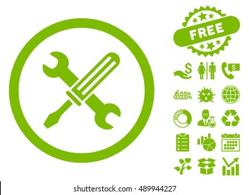 Tools pictograph with free bonus clip art. Vector illustration style is flat iconic symbols, eco green color, white background.