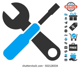 Tools pictograph with free bonus pictograph collection. Vector illustration style is flat iconic symbols, blue and gray colors, white background.