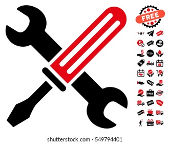 Tools pictograph with free bonus graphic icons. Vector illustration style is flat iconic symbols, intensive red and black colors, white background.