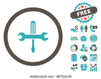 Tools pictograph with free bonus icon set. Vector illustration style is flat iconic bicolor symbols, grey and cyan colors, white background.