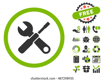 Tools pictograph with free bonus images. Vector illustration style is flat iconic bicolor symbols, eco green and gray colors, white background.