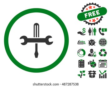 Tools pictograph with free bonus pictogram. Vector illustration style is flat iconic bicolor symbols, green and gray colors, white background.