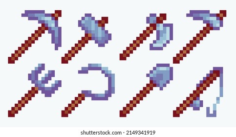 Herramientas conjunto de imágenes de píxeles. Pickaxe, hacha, pala, colección de hoe. Sprite de 8 bits. Desarrollo de juegos, aplicación móvil.  Ilustración vectorial aislada.