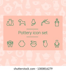 Tools and pottery. Pottery line icons, isolated vector illustration. Ceramic dishes set and craft. Vector icon set of various kitchenware on the background. The ancient craft.