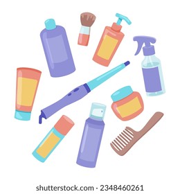 Tools and products for hair care vector illustrations set. Collection of cartoon drawings of bottles of shampoo, spray, balm, comb, curling iron, makeup brush. Beauty, hairdressing concept