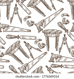 Werkzeuge und professionelle Instrumente für Spezialisten in der Schreinerei und Holzverarbeitung, nahtlose Muster. Reparatur Befestigungszentrum, Säge mit scharfem Blade. Monochrome Skizze, Vektorgrafik im flachen Stil