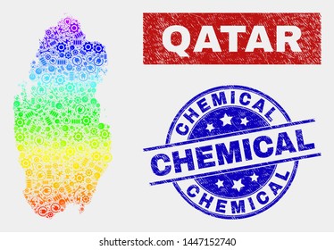 Tools Qatar map and blue Chemical textured seal stamp. Colorful gradiented vector Qatar map mosaic of mechanic. Blue rounded Chemical seal.
