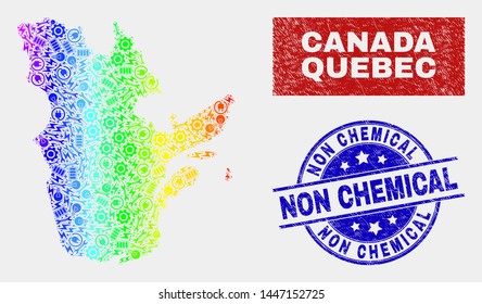 Tools Quebec Province map and blue Non Chemical distress seal stamp. Spectral gradient vector Quebec Province map mosaic of tools elements. Blue round Non Chemical stamp.