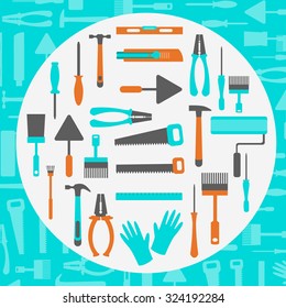 Tools for rack and repair. Spatulas, pliers, roll, screwdriver, gloves, a ruler, brush, building knife, saw.