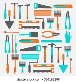 Tools for rack and repair. Spatulas, pliers, roll, screwdriver, gloves, a ruler, brush, building knife, saw.