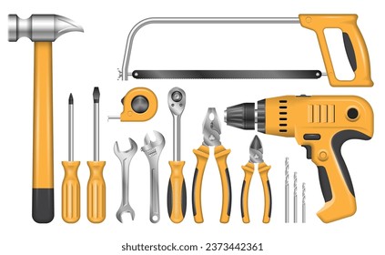 Tools realistic set - hammer, wrench, hacksaw, pliers, screwdriver, tape measure, drill. Construction hardware for repair and renovation, isolated vector illustration.