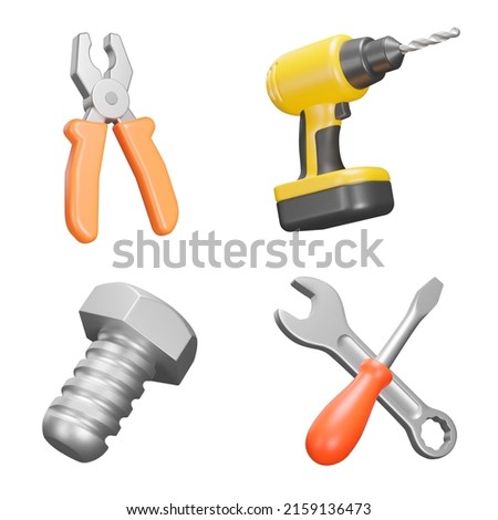 Tools for repair 3d icon set. Tool for repair work. Pliers, drill, screwdriver, bolt, screwdriver, wrench. Isolated icons, objects on a transparent background Сток-фото © 