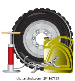 Tools for repair of the car and tank on white background