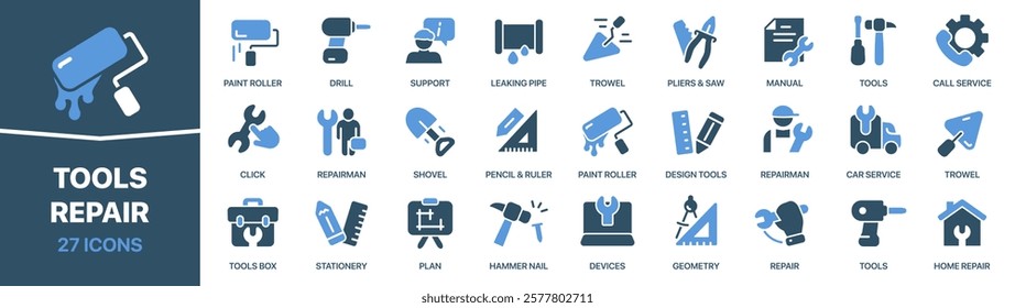 Tools and repair colored signed icon collection. Roller, drill, trowel, instrument, repairman icons. UI icon set. Colored icons pack. Vector illustration