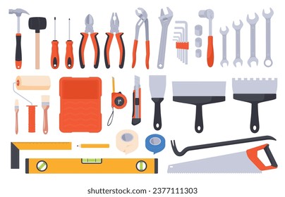 Tools for repair and construction. A set of professional hand tools for home repair. Equipment for self-repair at home. Vector illustration