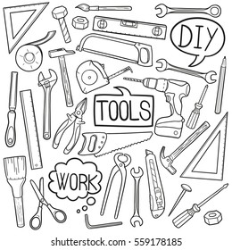 Tools Repair Doodle Icons. Traditional Vector Sketch. Hand drawn Illustration.