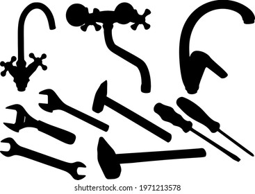 Tools to repair the faucet in the bathroom. Faucet for bathroom and kitchen, flat screwdriver, hammer, wrench.