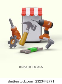 Tools for repair and restoration work. Equipment for painting, redesign. Vertical advertising of phone application. Online tool shop. Realistic illustration in plasticine style
