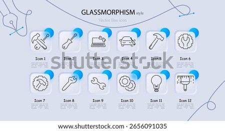 Tools and repair set icon. Hammer with screwdriver, screwdriver, wrench on laptop, car repair, hammer, wrench in gear, gear with hammer, wrench, spanner, gear wheels, lightbulb, paintbrush