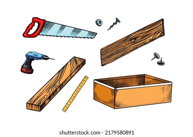 Tools for repair. Wooden boards, drill and saw, box. DIY Background. Do it yourself. Engraved doodle vintage sketch hand drawn. 