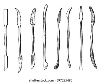 Tools for repairs, Iron chisels, vintage engraved illustration. Magasin Pittoresque 1873.
