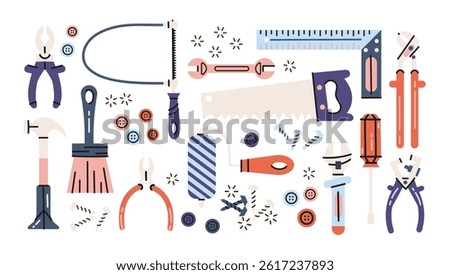 Tools in retro cartoon style. Hammer, saw, pliers, wire cutters, ruler, bolts, handyman vibe, 90s craftsmanship aesthetic, illustration in retro cartoon style, trendy stickers