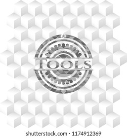 Tools retro style grey emblem with geometric cube white background