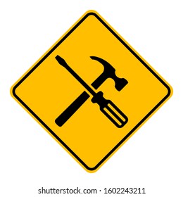 Tools and road sign on white