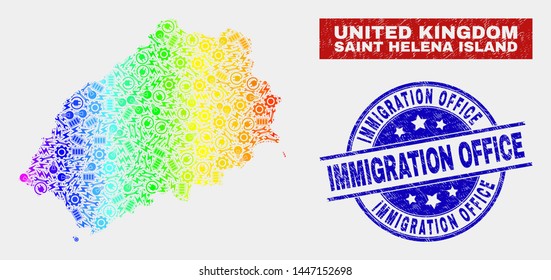 Tools Saint Helena Island map and blue Immigration Office grunge stamp. Spectral gradiented vector Saint Helena Island map mosaic of service parts. Blue rounded Immigration Office stamp.