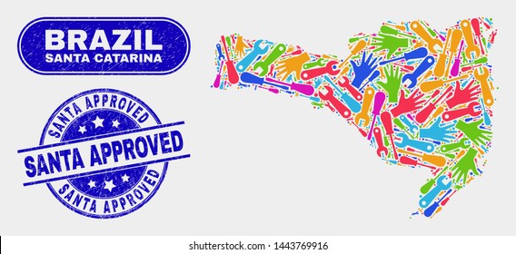 Tools Santa Catarina State map and blue Santa Approved grunge watermark. Colored vector Santa Catarina State map mosaic of tools elements. Blue rounded Santa Approved stamp.