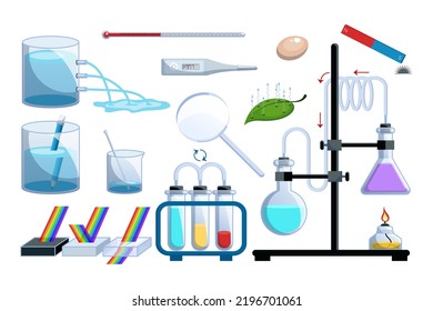 Tools for scientific experiments cartoon illustration set. Test tubes, burner, flasks, thermometer, glassware for conducting chemistry lab experiments. Science, equipment, biology concept