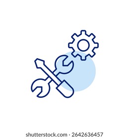 Tools, screwdriver, wrench and cogwheel. System maintenance, advanced settings, technical tools, configuration utilities, admin controls. Pixel perfect, editable stroke vector icon